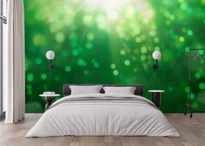 Christmas background - abstract banner - green blurred bokeh lights - festive header with beautiful rays Wall mural