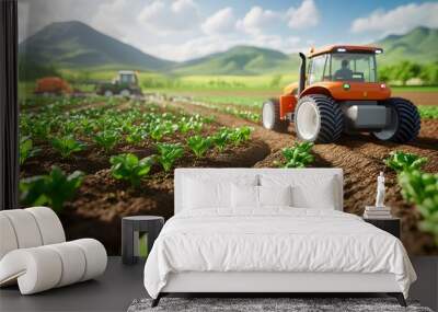 A close-up of precision agriculture tools, including soil sensors and a GPS-enabled tractor working in a field. The background features healthy, evenly spaced crops and a clear sky, emphasizing the ef Wall mural