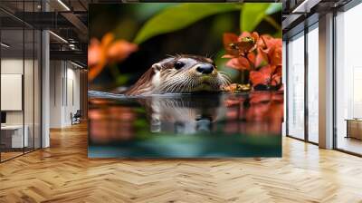 Playful River Otter Swimming Amid Lush Tropical Foliage and Diverse Aquatic Life Wall mural