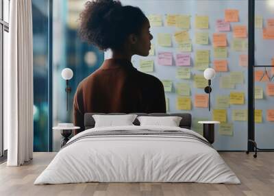 A black woman stands thoughtfully in front of a board covered with colorful sticky notes, planning and brainstorming in a modern office environment at night. AI Wall mural