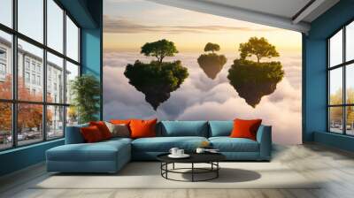 Fantasy scene of floating islands suspended above the clouds, evoking a dreamlike world of wonder Wall mural