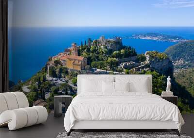 France, Aerial view of Eze on the french riviera, a typical village in the south of France Wall mural