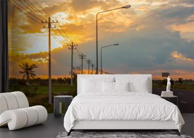 Landscape in the fields and background, orange sky, twilight and electric poles on the road Wall mural