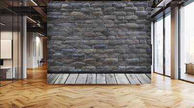 Vintage room. Stone or brick gary wall and gray wooden floor. Wall mural