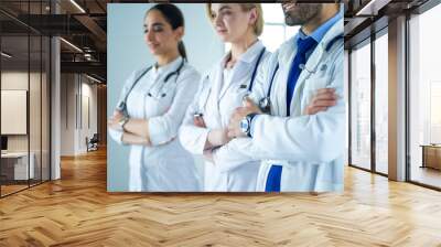 Successful team of medical doctors are looking at camera and smiling while standing in hospital Wall mural