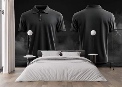 3D Mockup of a grey polo shirt, showing both the front and back of the shirt on a pedestal, black background with smoke. Wall mural