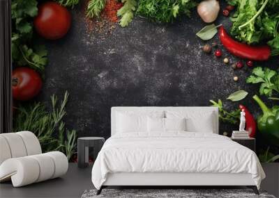 A background of fresh herbs, spices, and vegetables, with clear space for text or branding. Wall mural