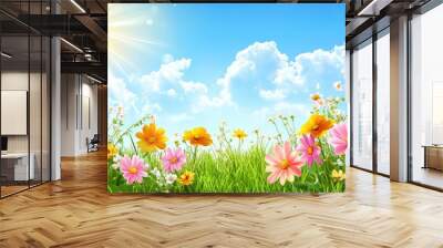 A bright and colorful spring flyer featuring a sunny sky, blooming flowers, and green grass, providing a cheerful and inviting design with room for text. Wall mural