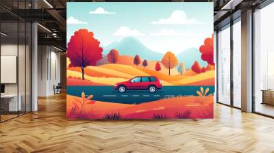 A car driving through a picturesque countryside with vibrant colors, capturing the beauty of road trip travel. Clear space for copy. Wall mural