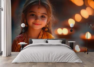 A child posing with a Diya, capturing the innocence and joy of Diwali Wall mural