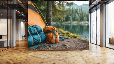 A collection of camping gear and hiking equipment, including a tent and sleeping bag, set up at a scenic campsite with space for text. Wall mural