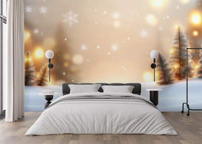 A cozy holiday background with snowflakes gently falling, warm glowing lights, and pine trees covered in snow, creating a peaceful winter atmosphere. Wall mural