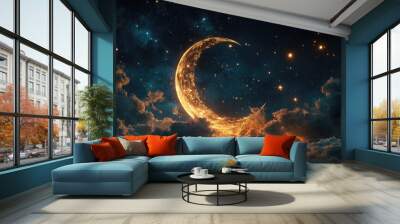 A crescent moon and star combination glowing in the night sky, creating a harmonious celestial scene with plenty of room for messages. Wall mural