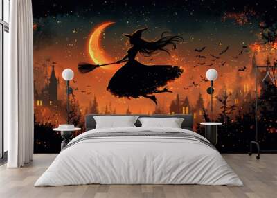 A cute Halloween witch flying on her broomstick under a crescent moon Wall mural