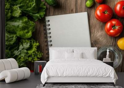 A diet plan notebook with fresh vegetables and a glass of water, with space for promotional content. Wall mural