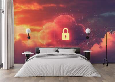 A digital rendering of a cloud icon with a padlock overlay, symbolizing the importance of cloud computing security. Wall mural