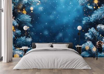 A festive blue Christmas banner featuring winter motifs, glowing lights, and snow Wall mural