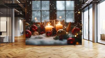 A festive Christmas table setting with candles, ornaments, and a snow covered window, offering a warm holiday atmosphere with room for messaging. Wall mural