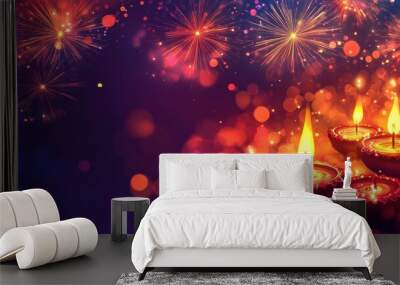 A festive Diwali background with bright fireworks, diyas, and warm colors Wall mural