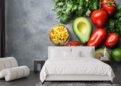 A flat lay of salsa varieties like tomato, avocado, and corn salsa, with space for text or branding. Wall mural