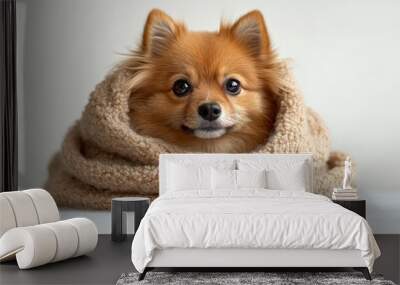 A fluffy dog in a ghost costume, looking playful, isolated on a white background Wall mural