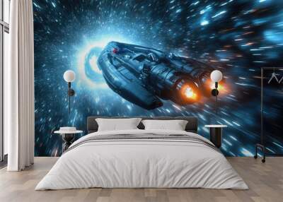 A futuristic view of a ship traveling through a hyper space tunnel, showcasing the concept of faster than light travel. Plenty of room for messages. Wall mural