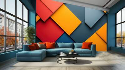 A geometric wallpaper with bold, colorful shapes, creating a dynamic and energetic background with ample copy space. Wall mural