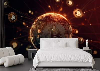 A globe surrounded by rotating cryptocurrency symbols, signifying global adoption. Wall mural