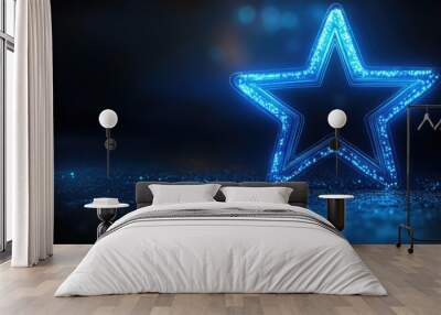 A glowing star outline in neon blue against a dark background, creating a modern and eye catching design with space for messages. Wall mural