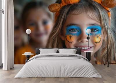 A group of children with Halloween face paint, having fun at a party Wall mural