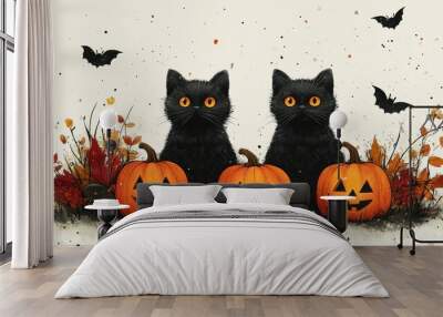 A Halloween vector with adorable black cats and jack-o'-lanterns, in a fun, colorful style, on a white background Wall mural