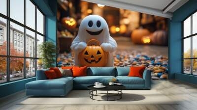 A happy ghost holding a trick-or-treat bag, surrounded by Halloween candy Wall mural