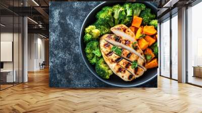 A healthy meal of grilled chicken, sweet potatoes, and steamed broccoli, with space for text or promotional content. Wall mural