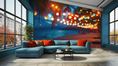 A lively Spring Break beach party scene with colorful lights and decorations, ideal for event promotions. Plenty of space for text. Wall mural