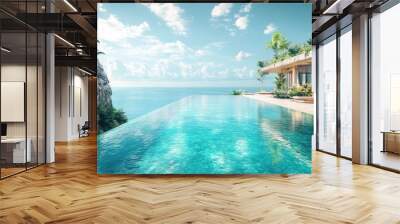 A luxurious vacation resort with infinity pool and ocean views, ideal for travel promotions. Clear space for messages. Wall mural