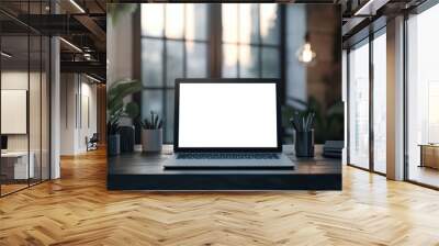 A modern office desk with a blank laptop screen ready for a website mockup Wall mural