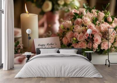 A mother's day table setting with a beautifully arranged bouquet, a 