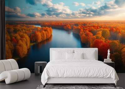 A panoramic view of a vibrant autumn landscape with colorful foliage and a tranquil river, ideal for showcasing the beauty of nature with space for messaging. Wall mural