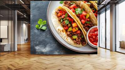 A plate of tacos with a side of fresh salsa, with space for text or branding. Wall mural