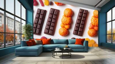 A playful Halloween candy pattern with chocolate bars, candy pumpkins, and gummy worms, arranged on a white background Wall mural