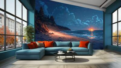 A quiet beach at night with the sound of the waves and a bonfire crackling in the distance under a clear sky. Wall mural