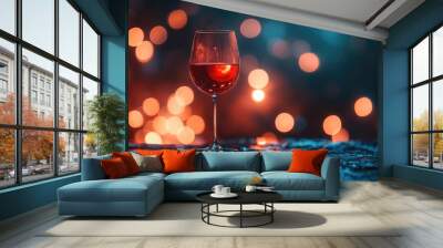 A red moon reflecting in a wine glass, with a backdrop of soft, glowing lights, ideal for themes of relaxation and luxury with space for messaging. Wall mural