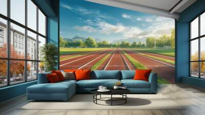 A serene sports track with a view of running lanes and a clear, blue sky, offering a clean and motivational background Wall mural