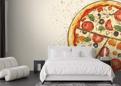 A simple clipart of a pizza with a variety of toppings, with space for text or logos on the side. Wall mural