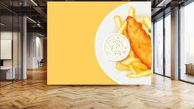 A vector of a fish and chips meal with a side of tartar sauce, on a clean background with ample room for text. Wall mural