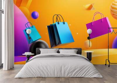 A vibrant Black Friday flyer with bright sale signs, flying shopping bags, and energetic patterns, perfect for grabbing attention. Wall mural