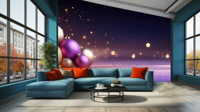 A vibrant Christmas background with glitter-covered ornaments in rich colors, glowing softly with golden light, evoking a festive and sparkling holiday mood. Wall mural