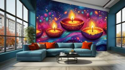 A vibrant Diwali poster with traditional Indian motifs, glowing diyas, and festive colors Wall mural