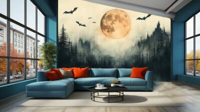 A watercolor Halloween night with a full moon and flying bats, in muted, eerie tones, on a white background Wall mural