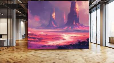 Alien desert landscape with vibrant, otherworldly colors and massive, mysterious structures on the horizon Wall mural